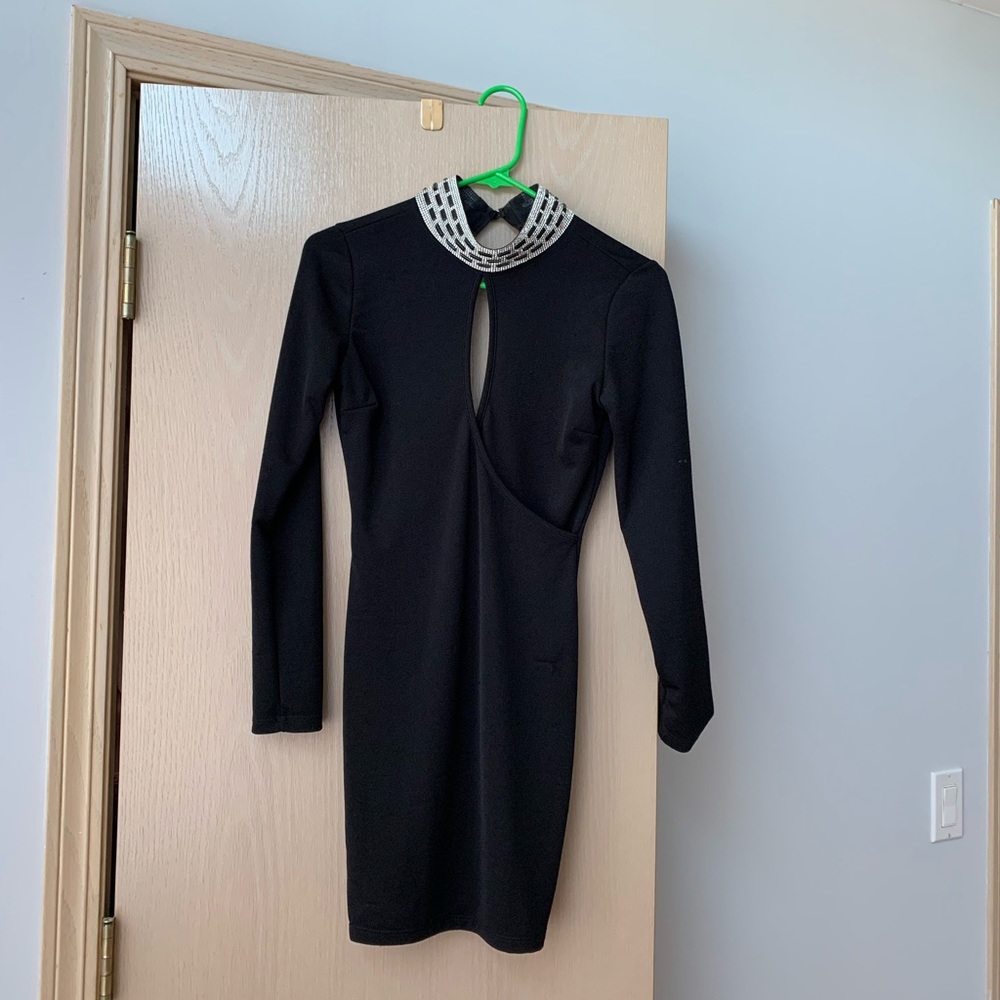 Black mini dress with rhinestone collar